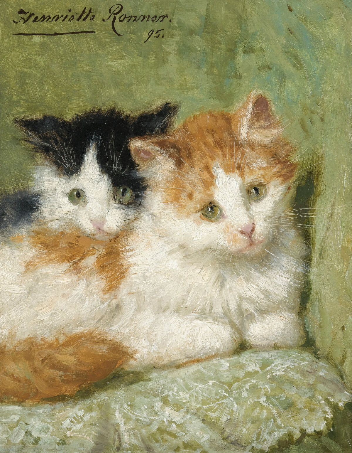 Henriëtte Ronner-Knip - Two Kittens Sitting On A Cushion (1895)