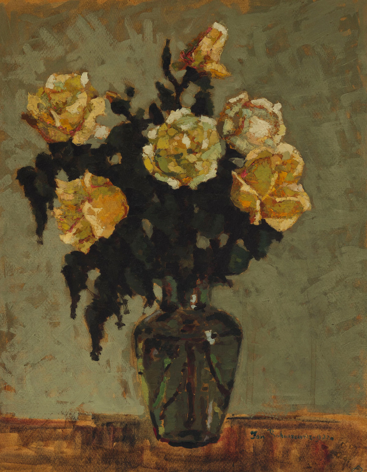 Jan Bohuszewicz - Tea Roses in a Green Vase (1933)