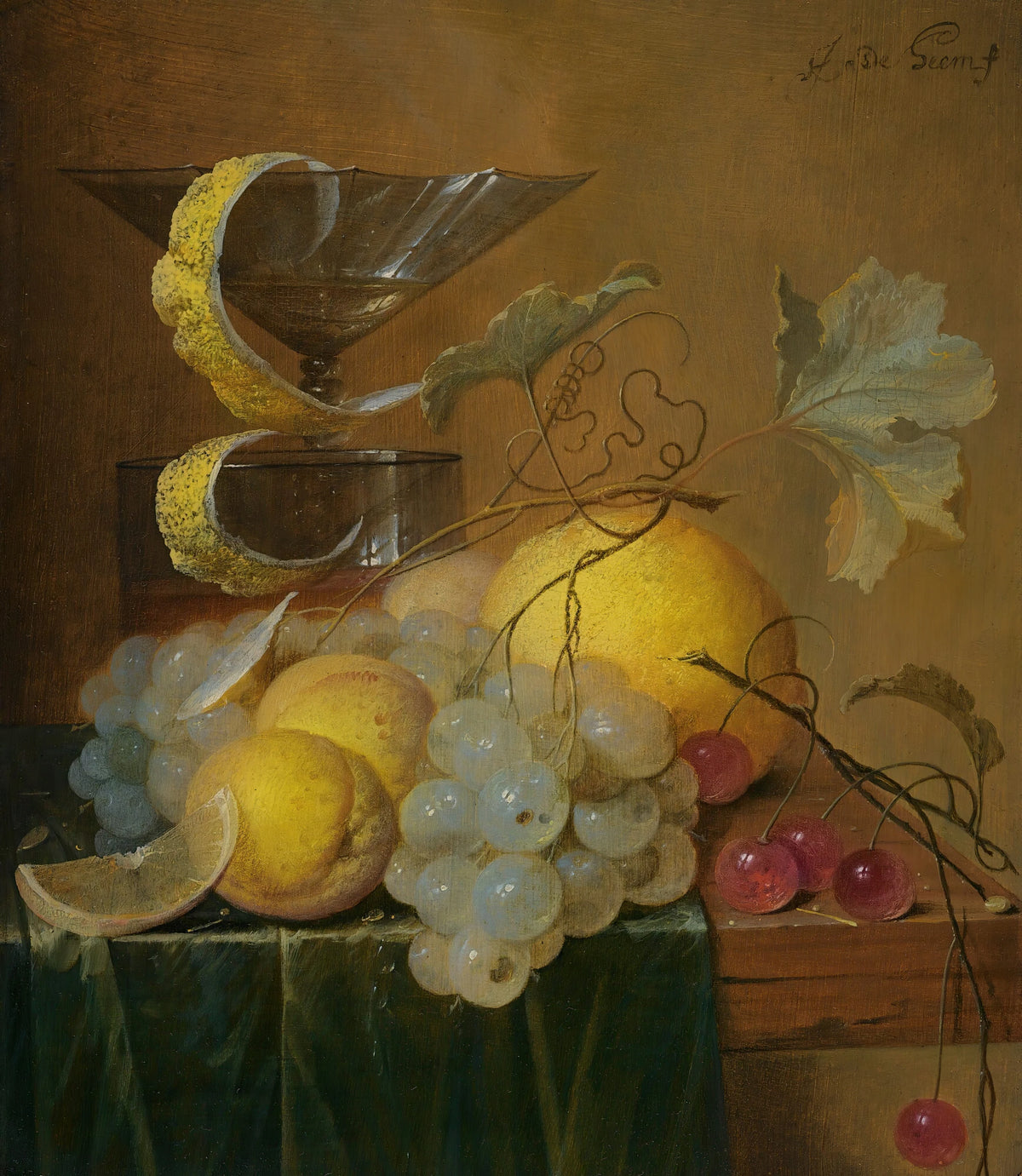 Jan Davidsz de Heem - Still Life With A Wine Glass, Lemon Peel, Peaches, Grapes And Cherries On The Corner Of A Partly Draped Wooden Table