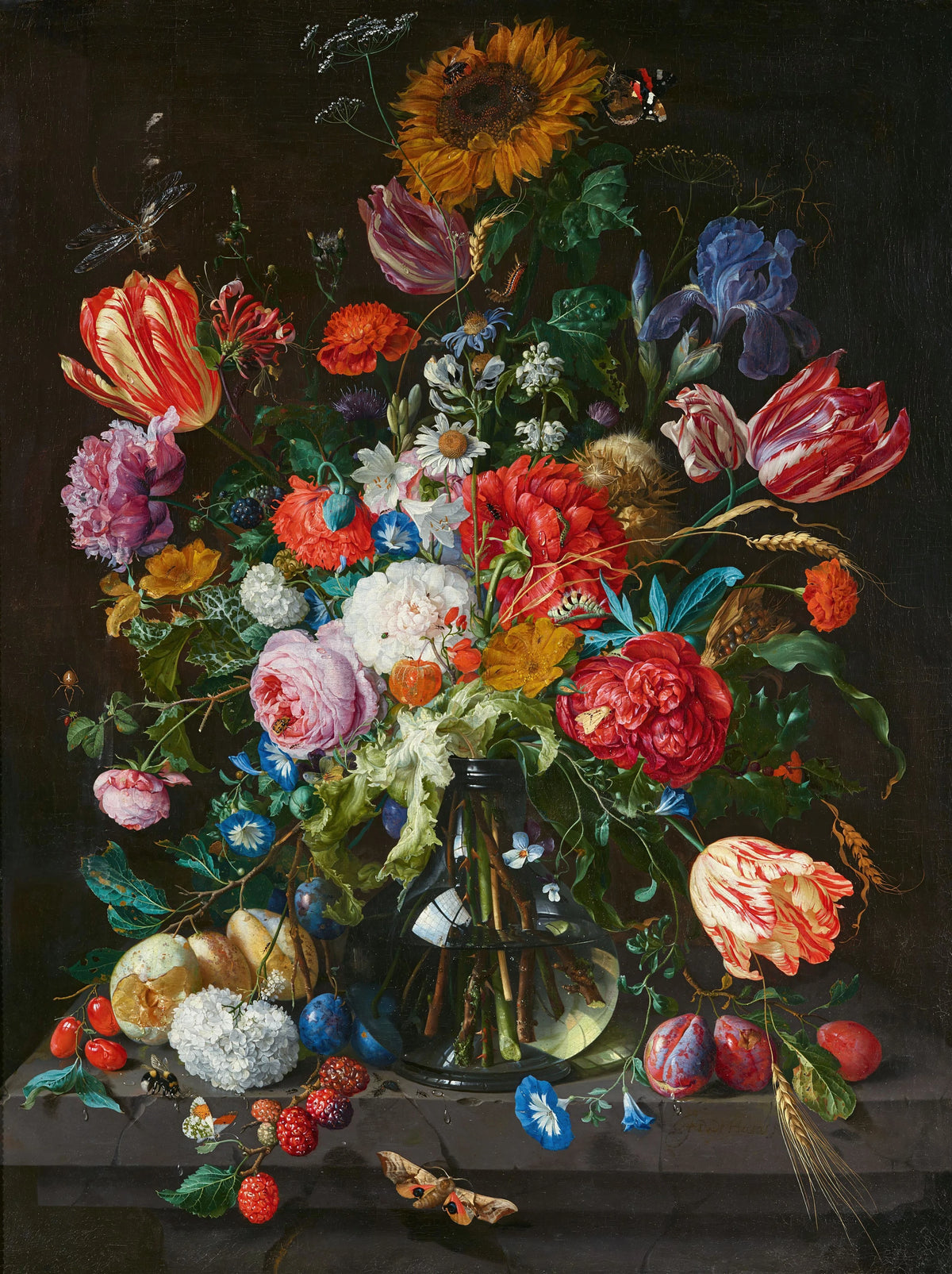 Jan Davidsz de Heem - Stillleben mit Blumen und Früchten auf einer Steinkonsole