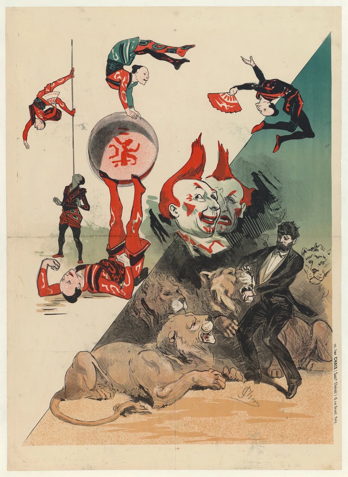 Jules Chéret - Hippodrome - acrobates japonais, clowns et dompteur de fauves (1883)