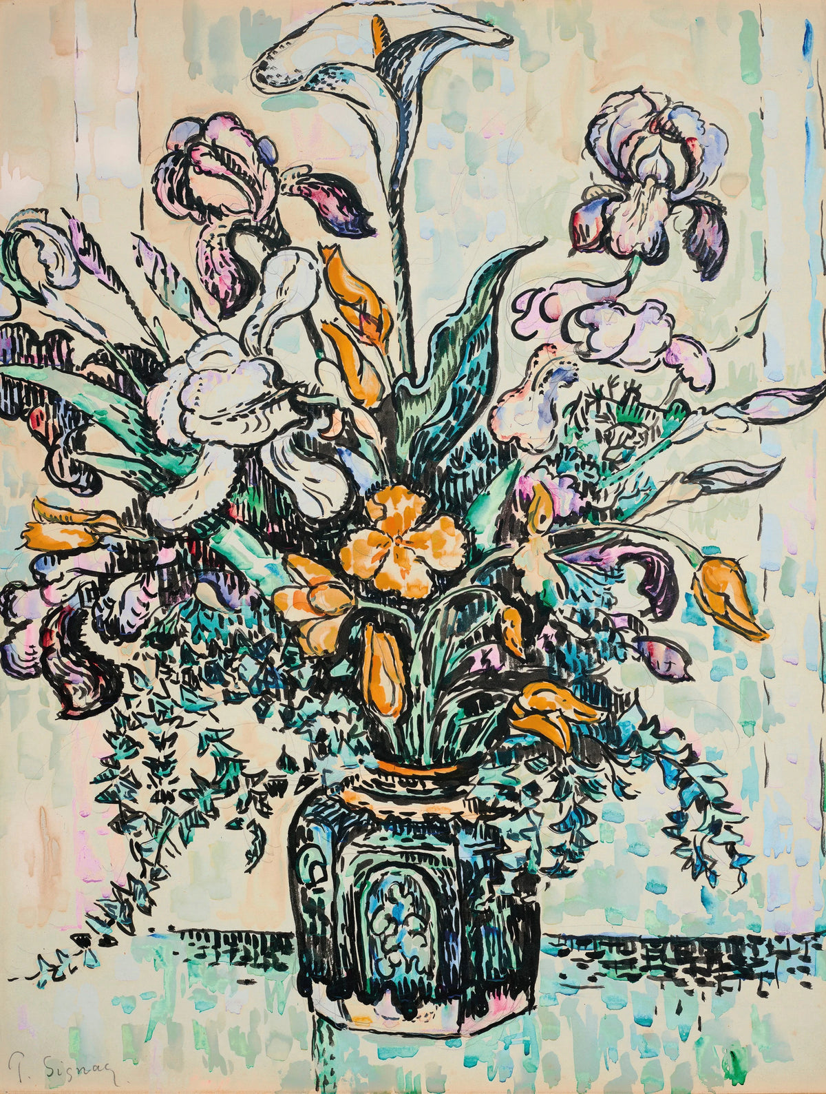 Paul Signac - Bouquet (iris, arum, tulipes) dans un vase d'André Metthey (circa 1910)