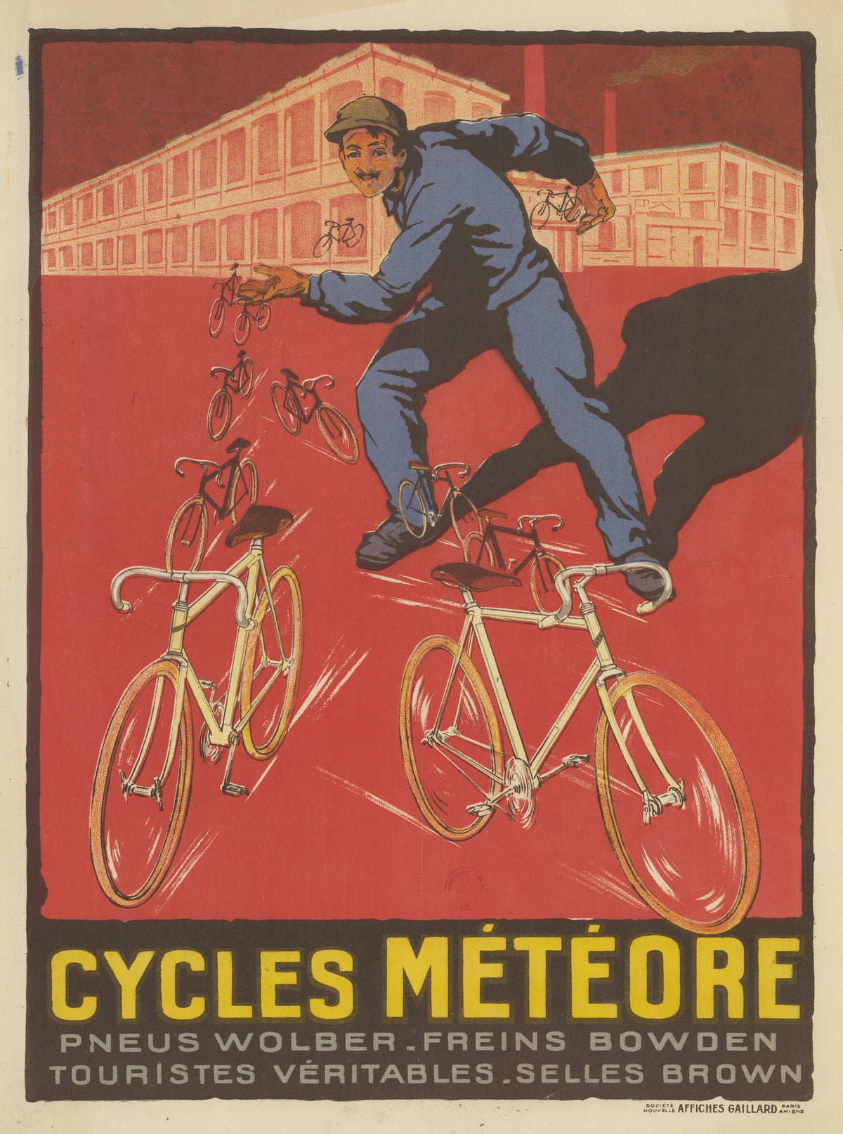 Affiches Gaillard - Cycles Météore. Pneus Wolber-freins Bowden. Touristes véritables-selles Brown (1926)