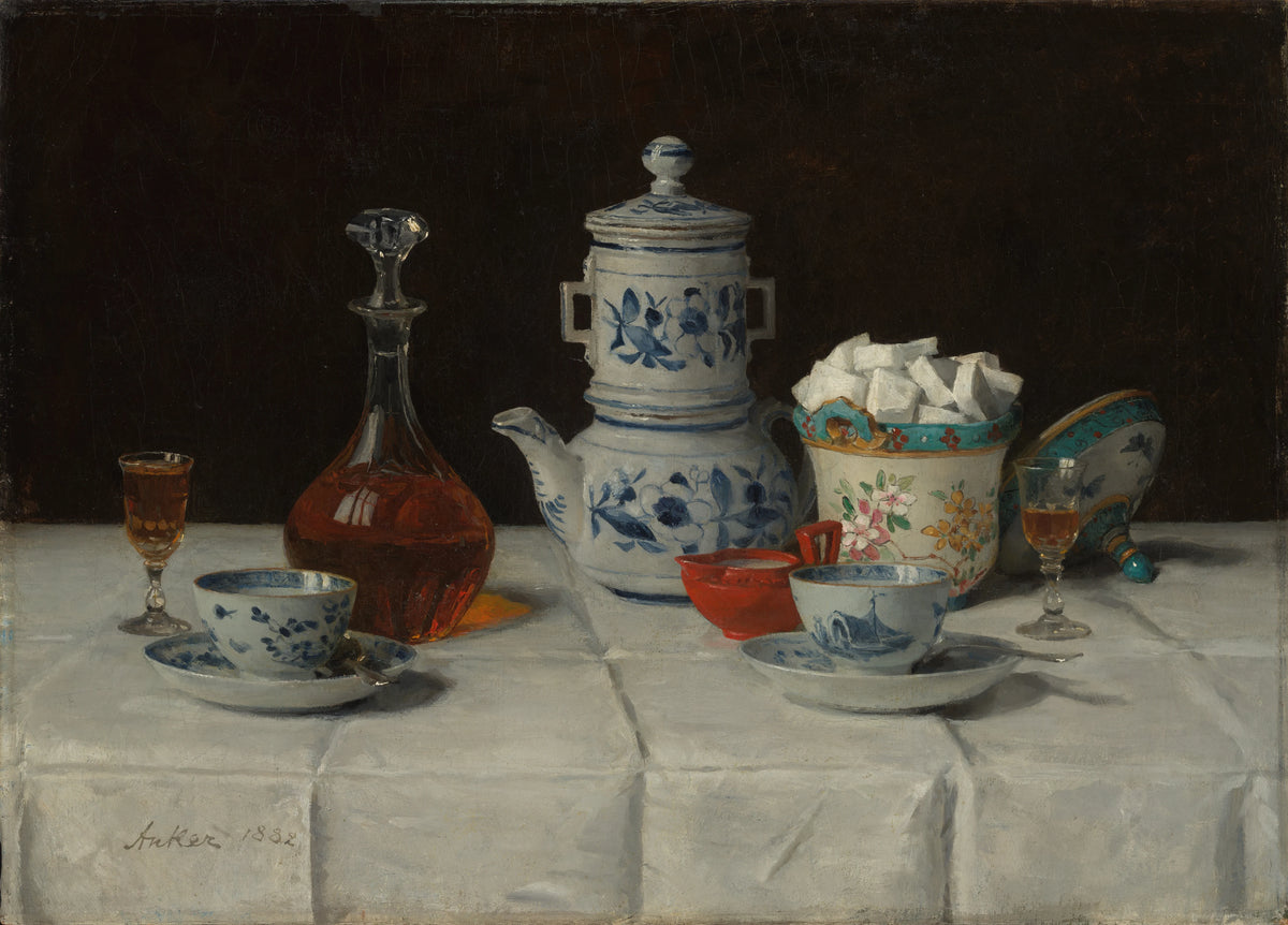 Albert Anker - Still life with coffee setting and cognac bottle (1882)