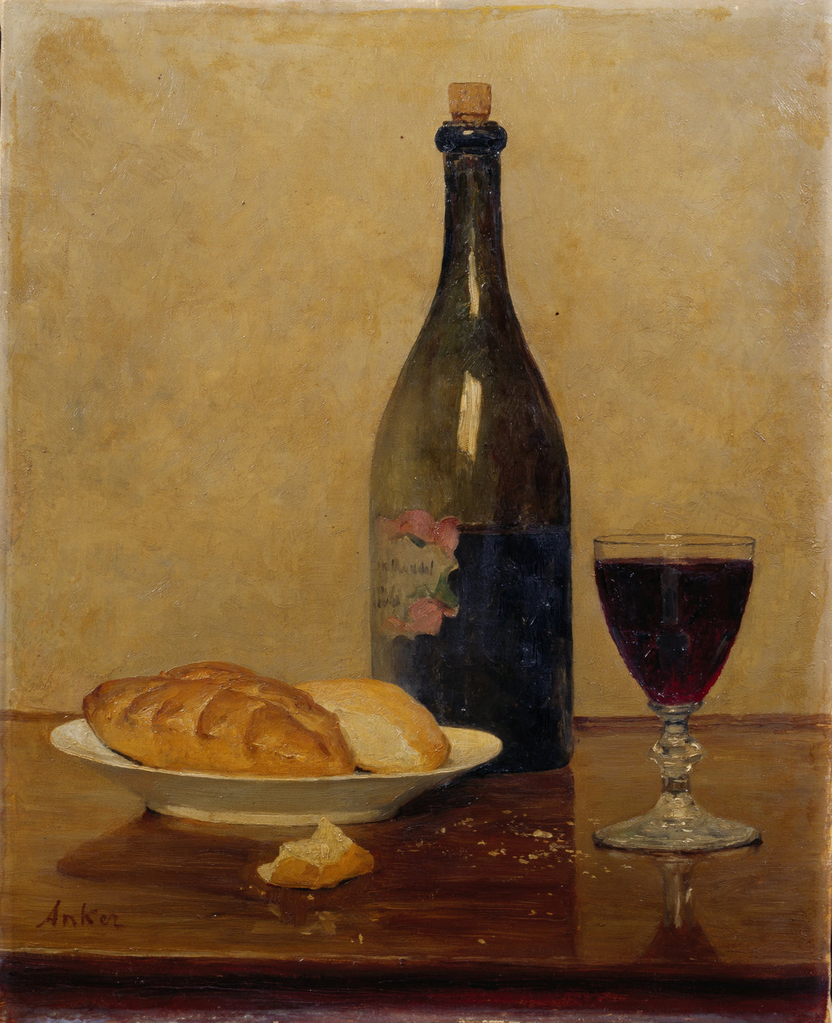 Albert Anker - Stillleben; Alter Wein und Brot (1896)