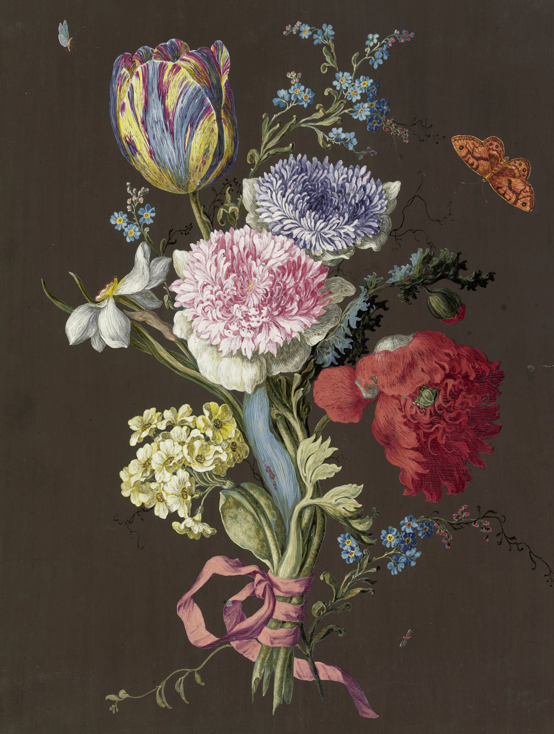 Blumengebinde aus Anemonen (Anemona), Tulpe (Tulipa), Mohn(Papaver), Narzisse (Narcissus) und Aurikel (Primula auricula) mit braunem Schmetterling (circa 1770)