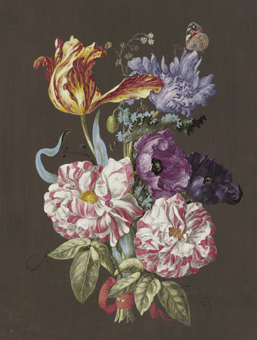 Blumengebinde mit Rosen (Rosa), Tulpen (Tulipa), Mohn (Papaver) und anderen Blumen, mit Admiral (circa 1770)