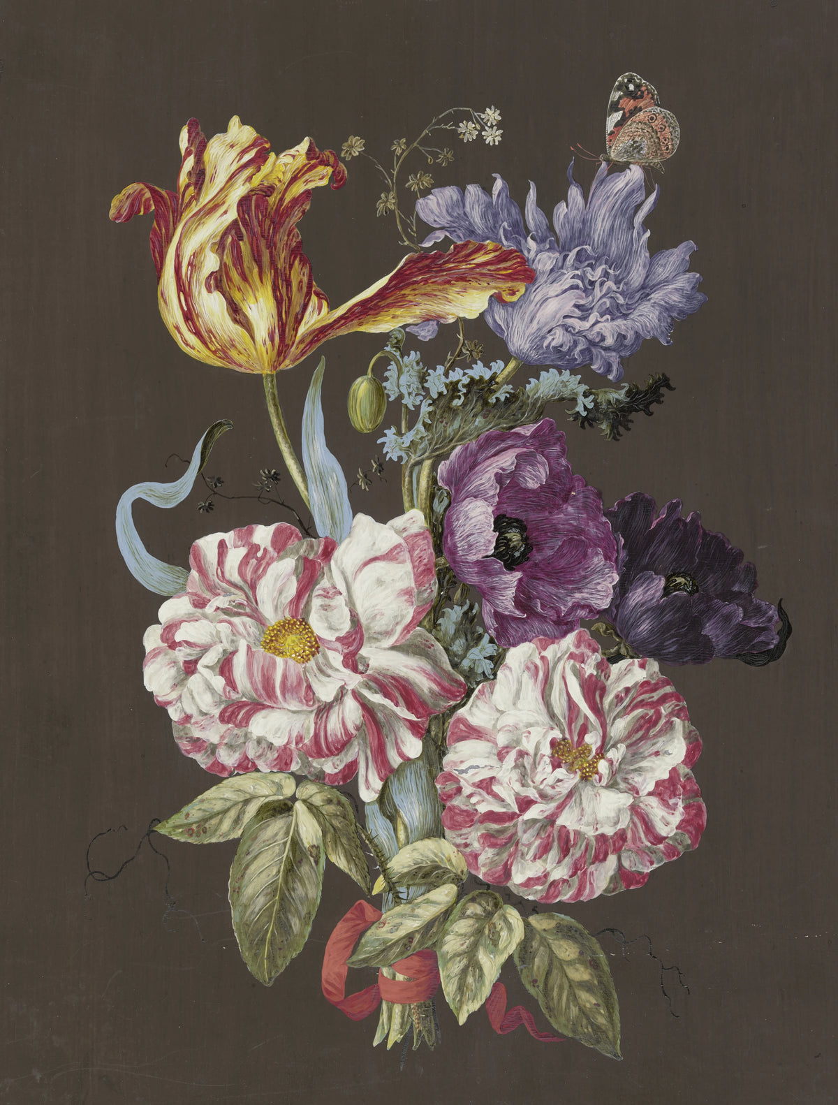 Anonim - Blumengebinde mit Rosen (Rosa), Tulpen (Tulipa), Mohn (Papaver) und anderen Blumen, mit Admiral (circa 1770)