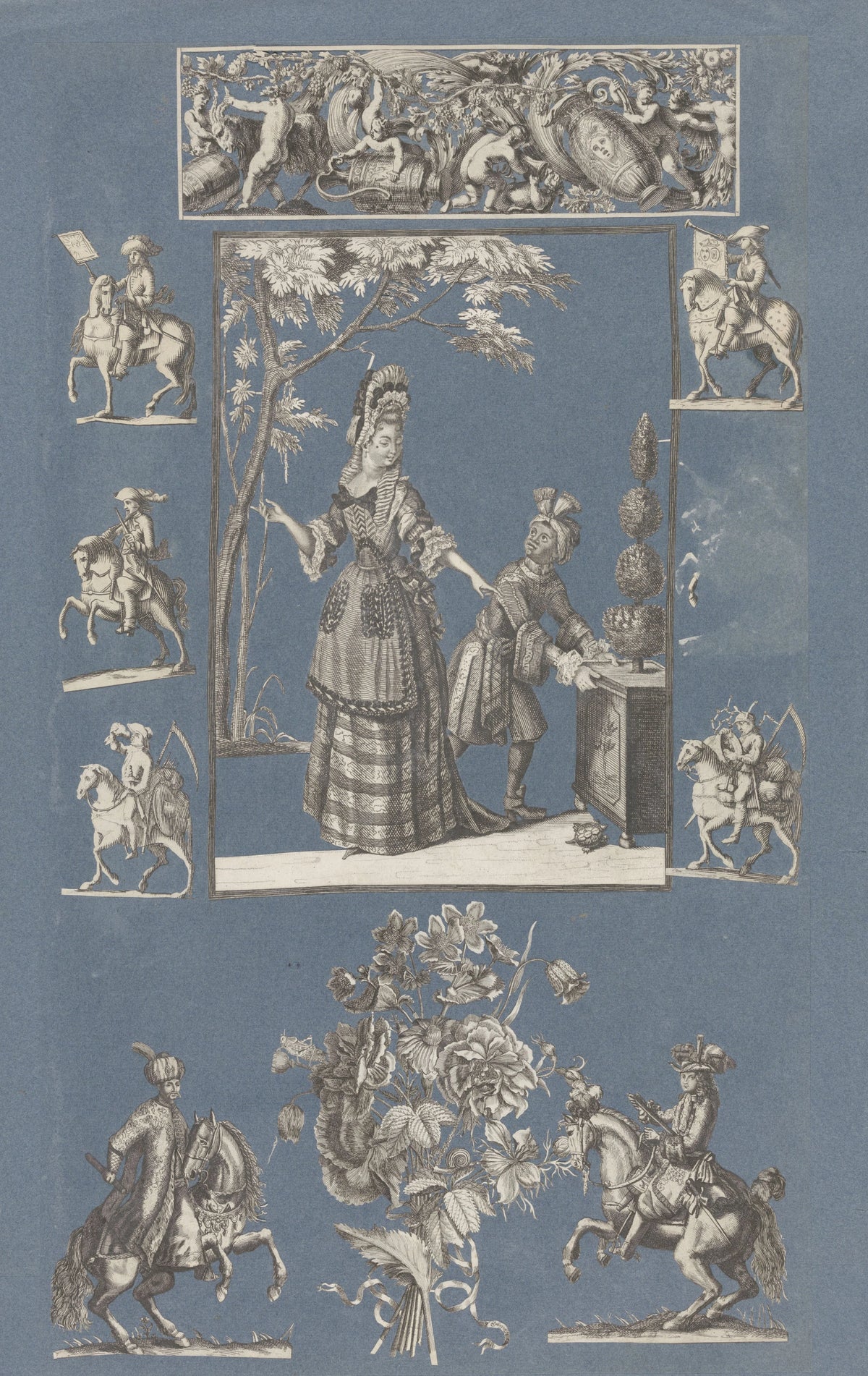 Anonim - Collage of cut out prints pasted on blue paper Pl 01 (1585)