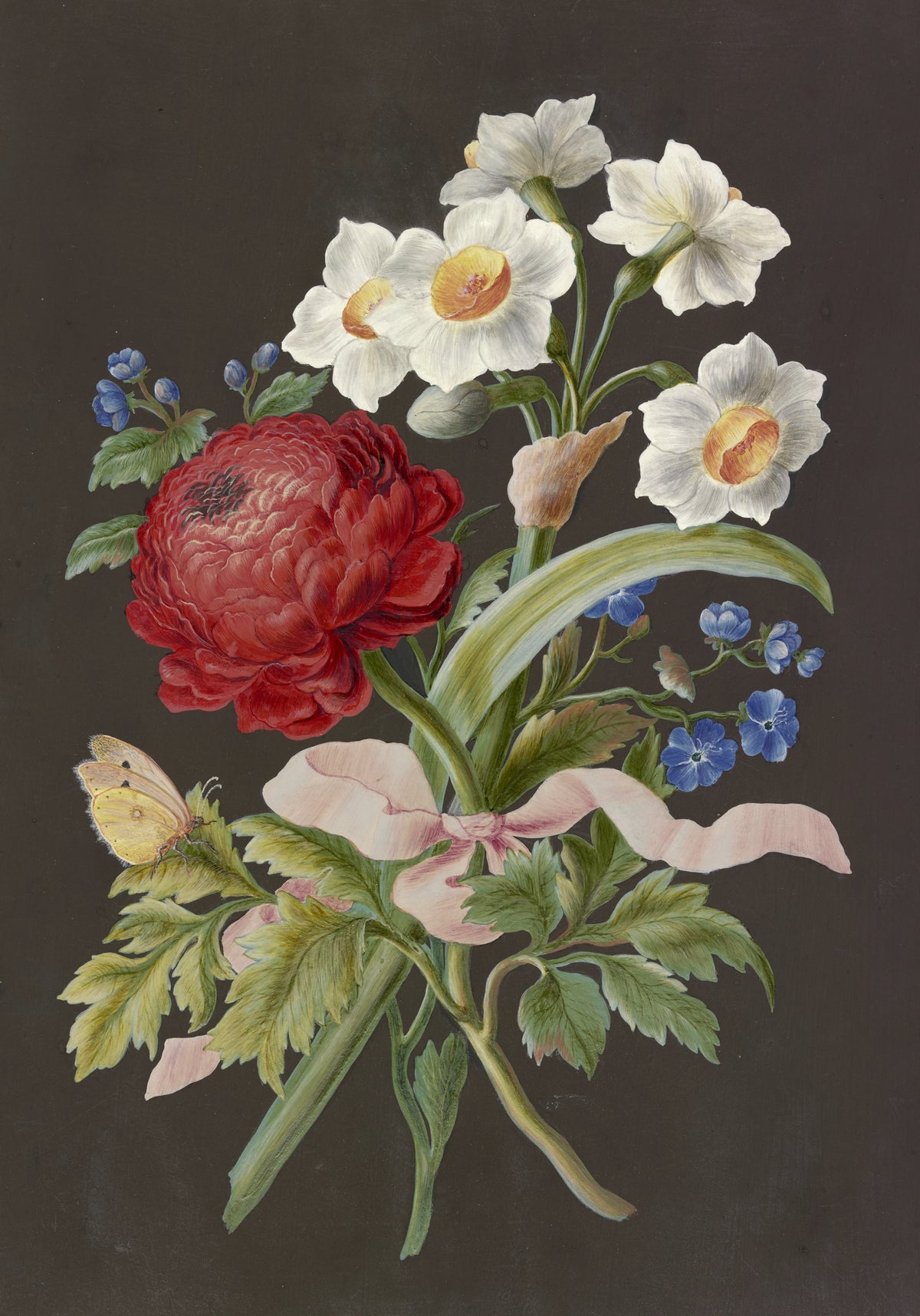 Anonim - Blumengebinde mit roter Ranunkel (Ranunculus), weißer Tazette (Narcissus tazetta) und blauer Blume mit Postillon