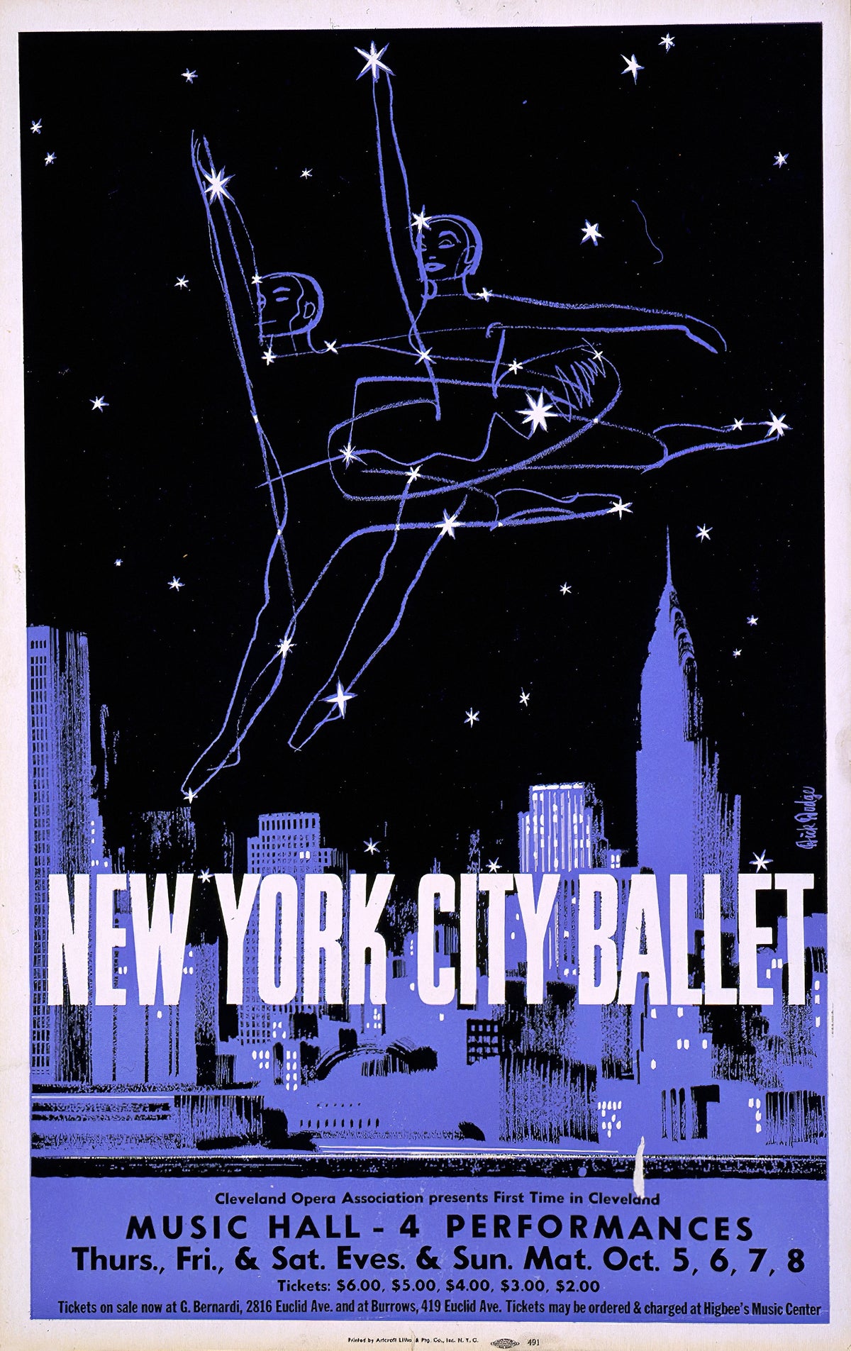 Artcraft Lithograph - New York City ballet Cleveland Opera Association presents first time in Cleveland Music Hall (1960s)