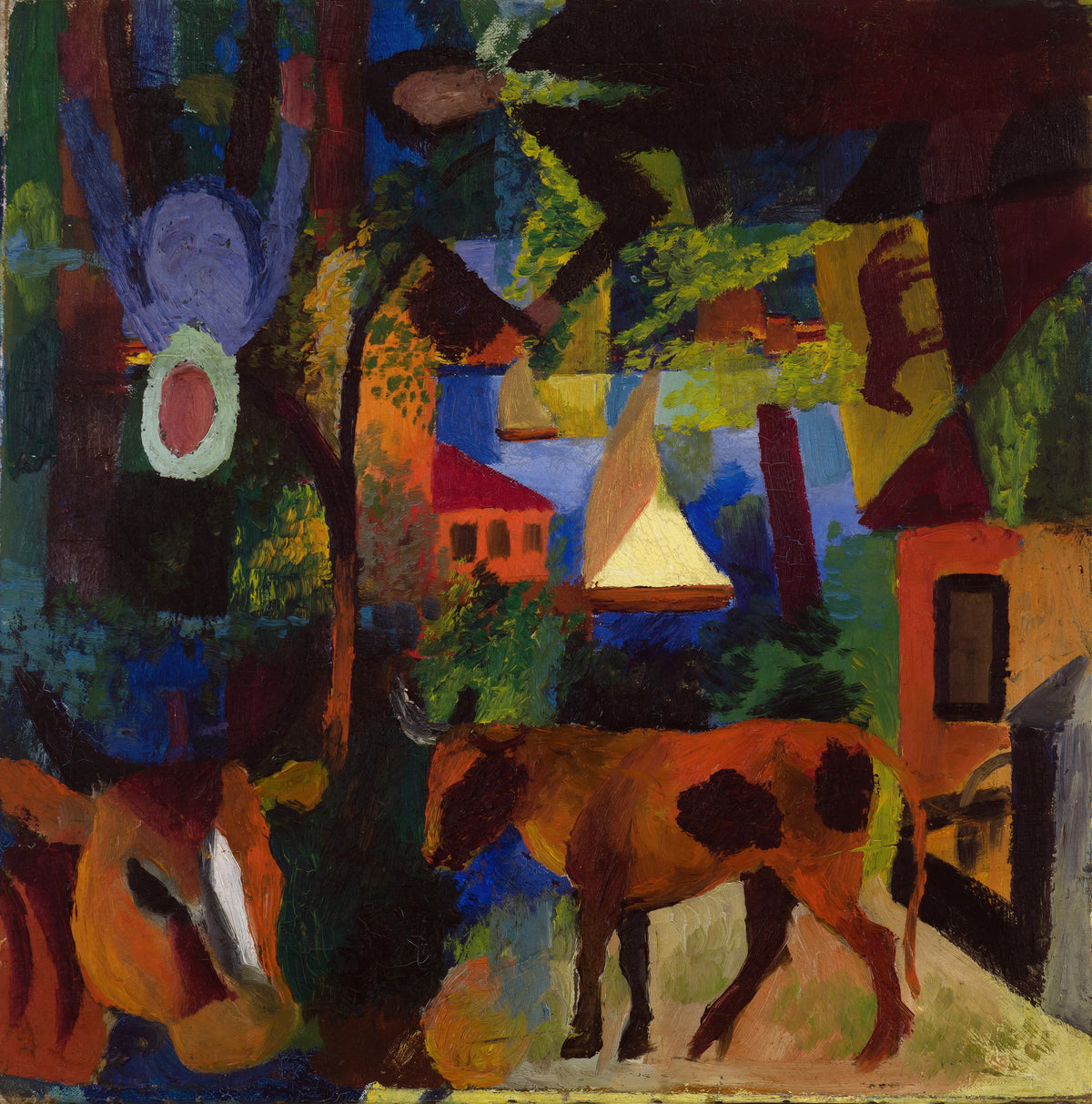 August Macke - Landscape with Cows, Sailboat, and Figures (1887-1914)