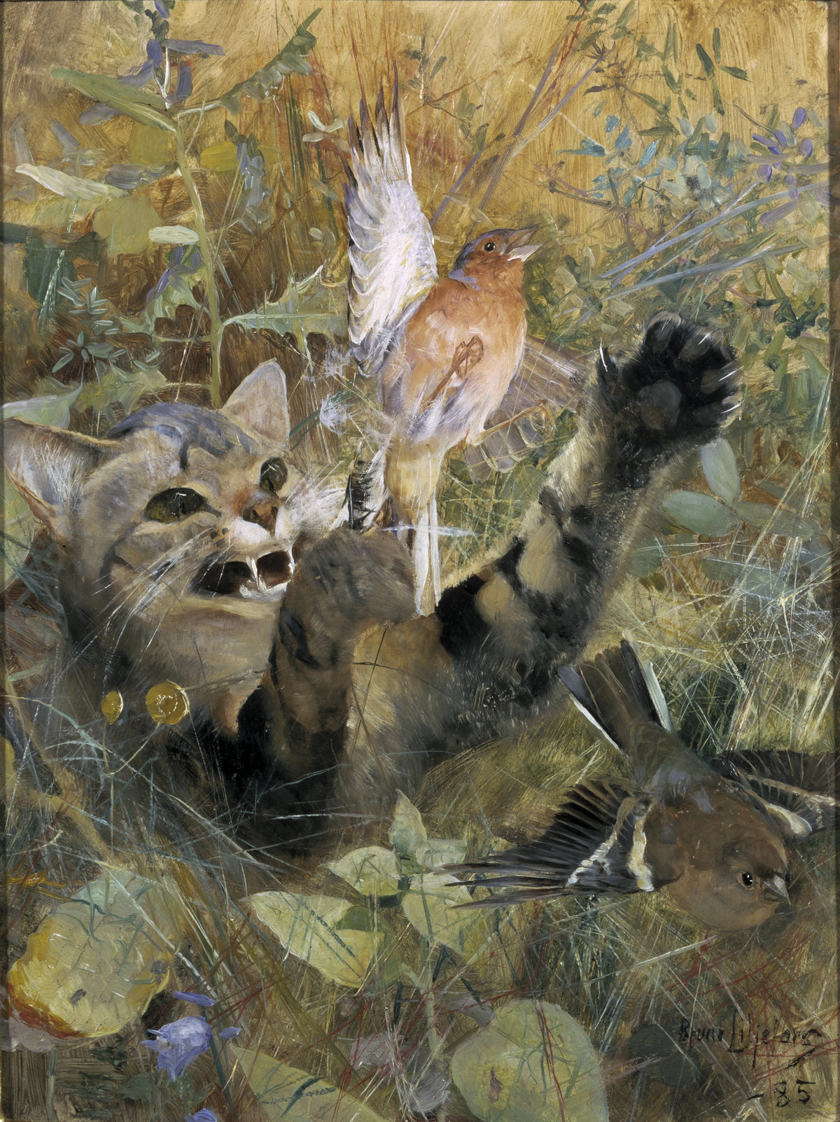 Bruno Liljefors - A Cat and a Chaffinch (1885)