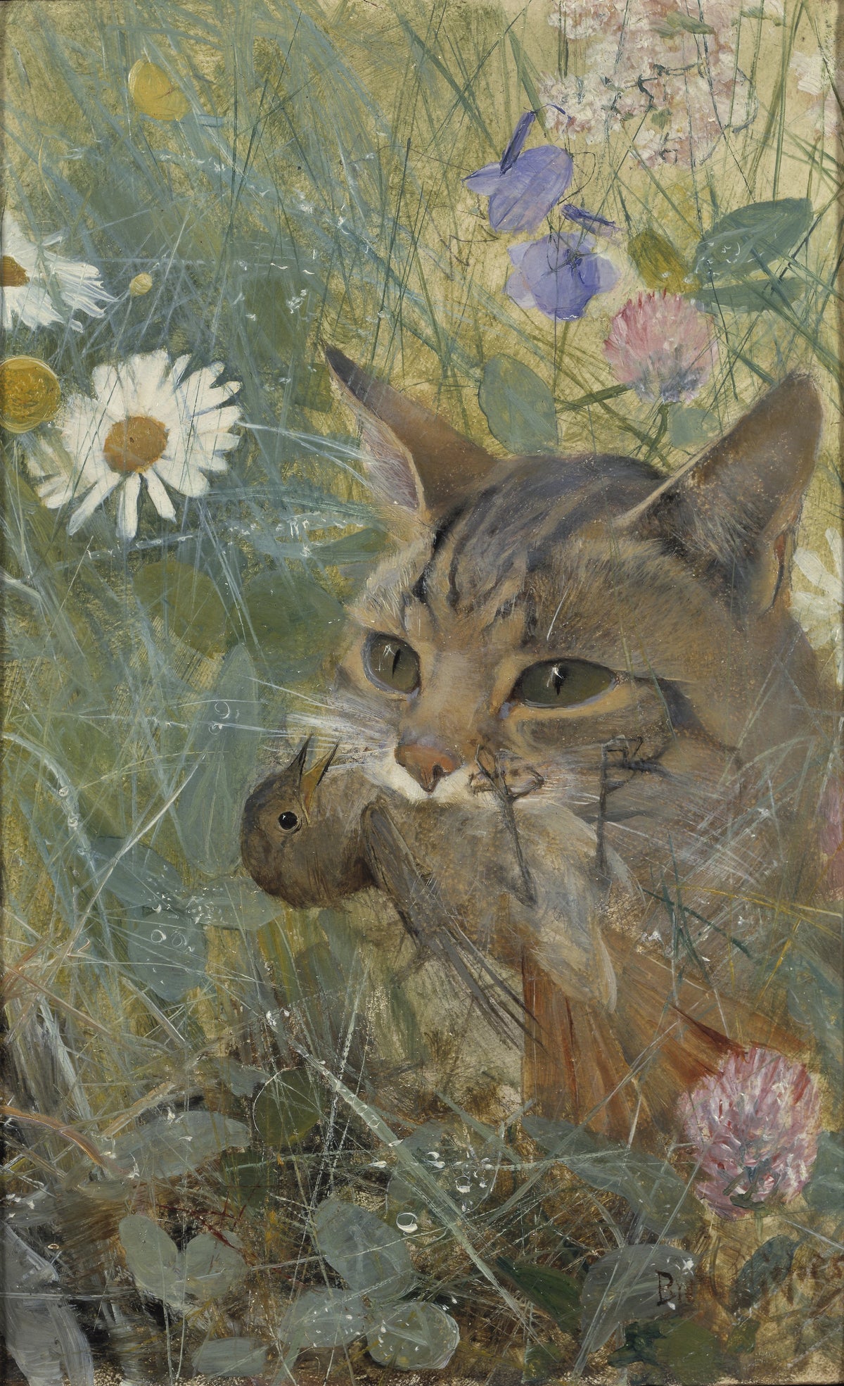 Bruno Liljefors - A Cat with a Young Bird in its Mouth (1885)