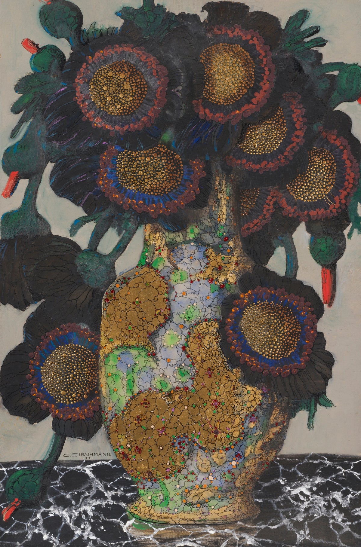 Carl Strathmann - Stilleben mit Sonnenblumen in ornamentaler Vase (1916)