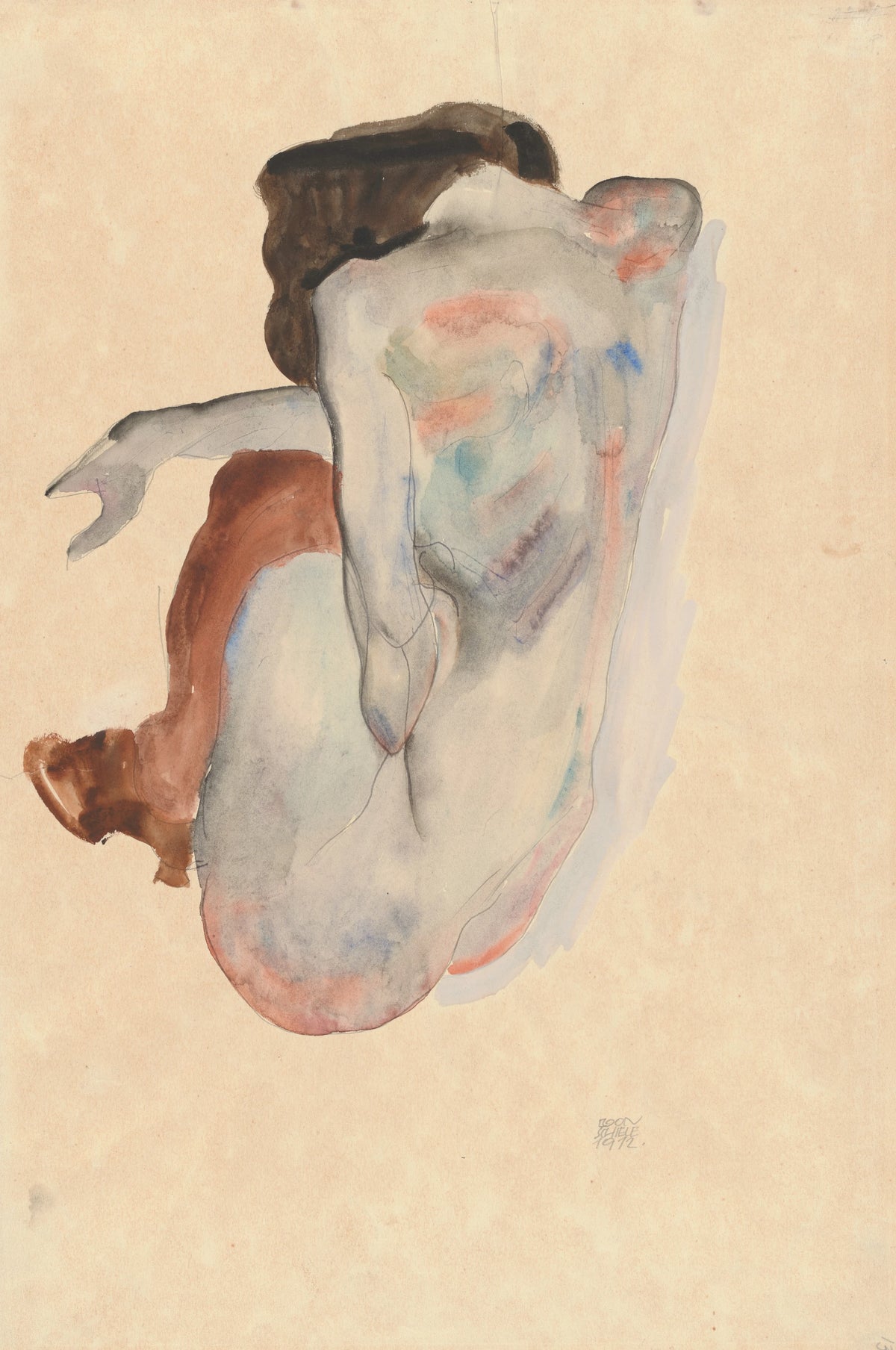 Egon Schiele - Crouching Nude in Shoes and Black Stockings, Back View (1912)