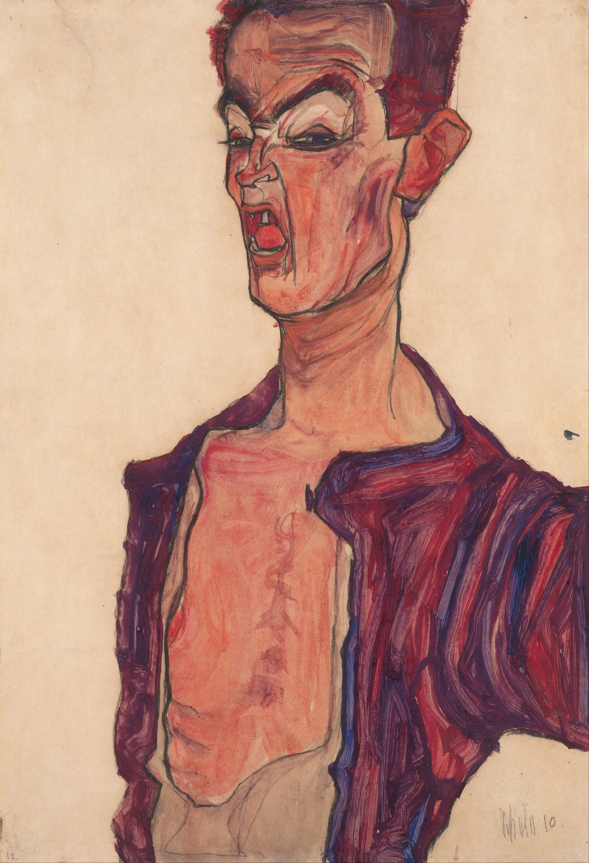 Egon Schiele - Self-Portrait, Grimacing (1910)