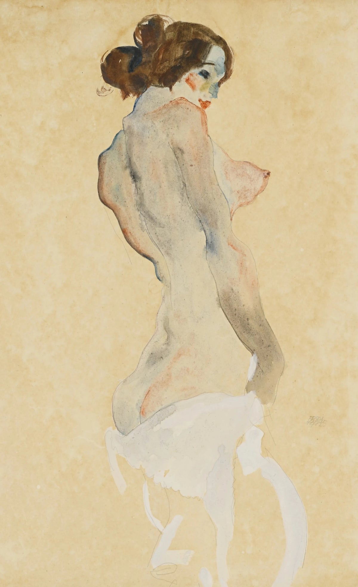 Egon Schiele - Stehender Akt mit weissen Tuch (Standing nude with white drapery) (1912)