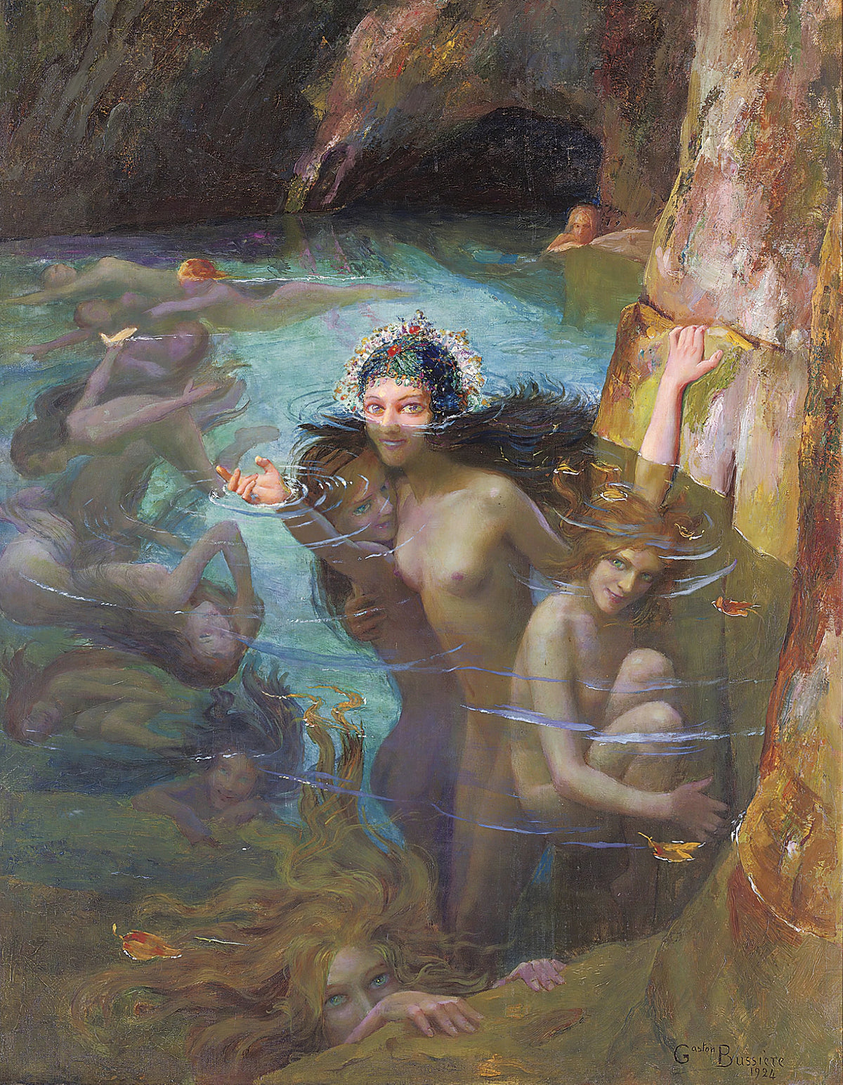 Gaston Bussière - Sea Nymphs At A Grotto (1924)