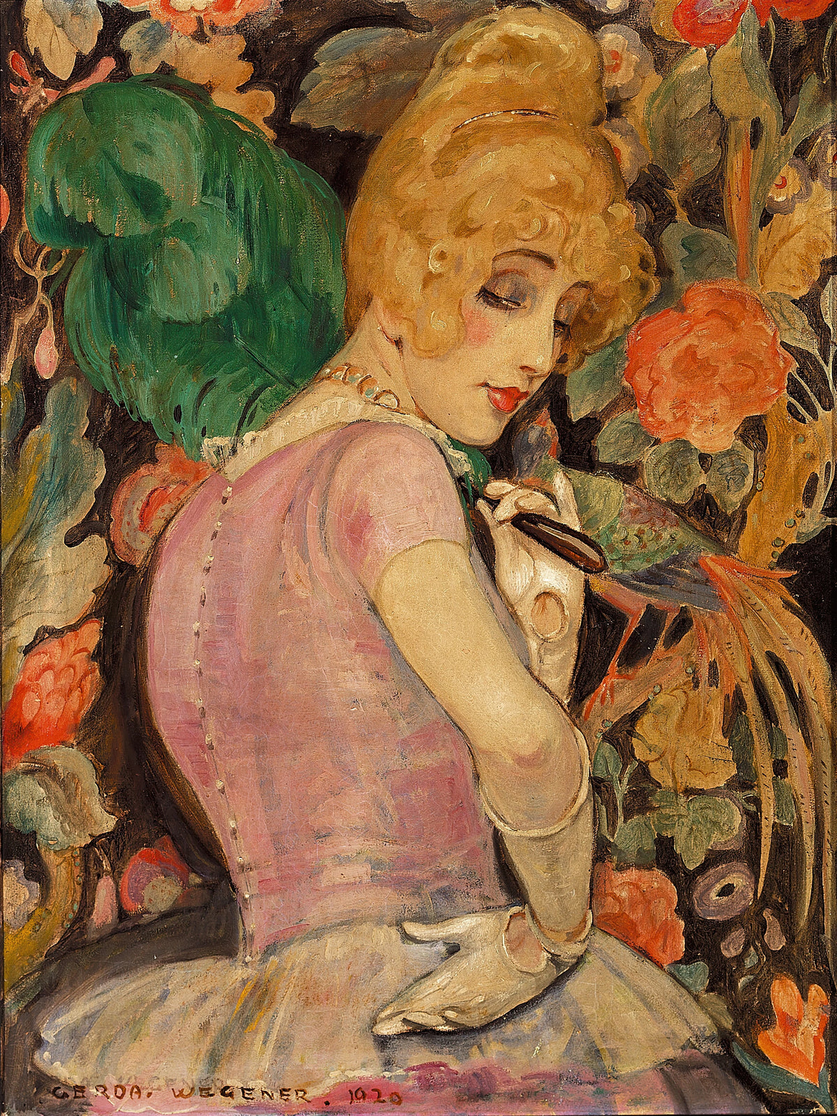 Gerda Wegener - Portræt af Lili Elbe med grøn fjervifte (1920)