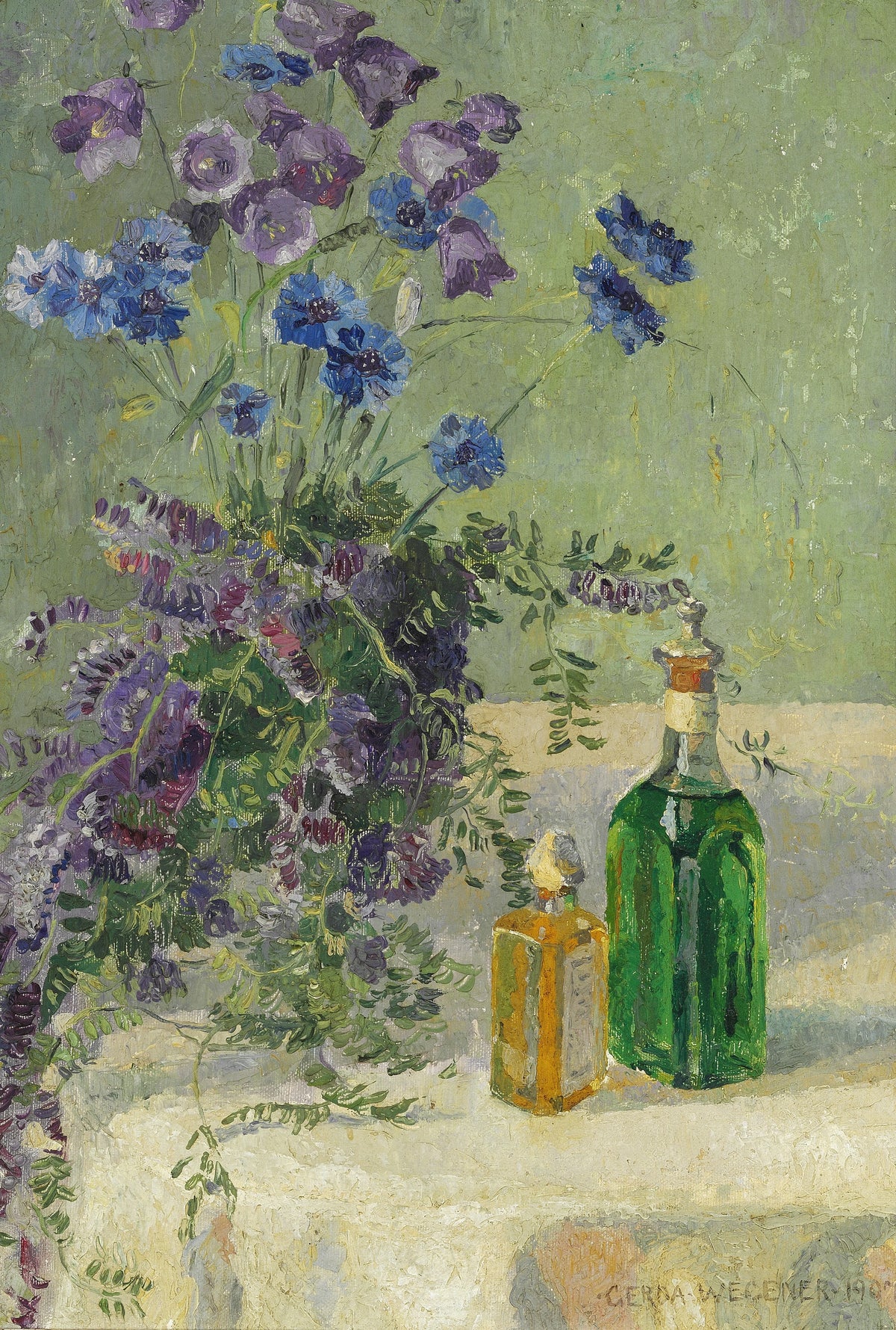 Gerda Wegener - Still life with blue flowers and two bottles on a table (1907)