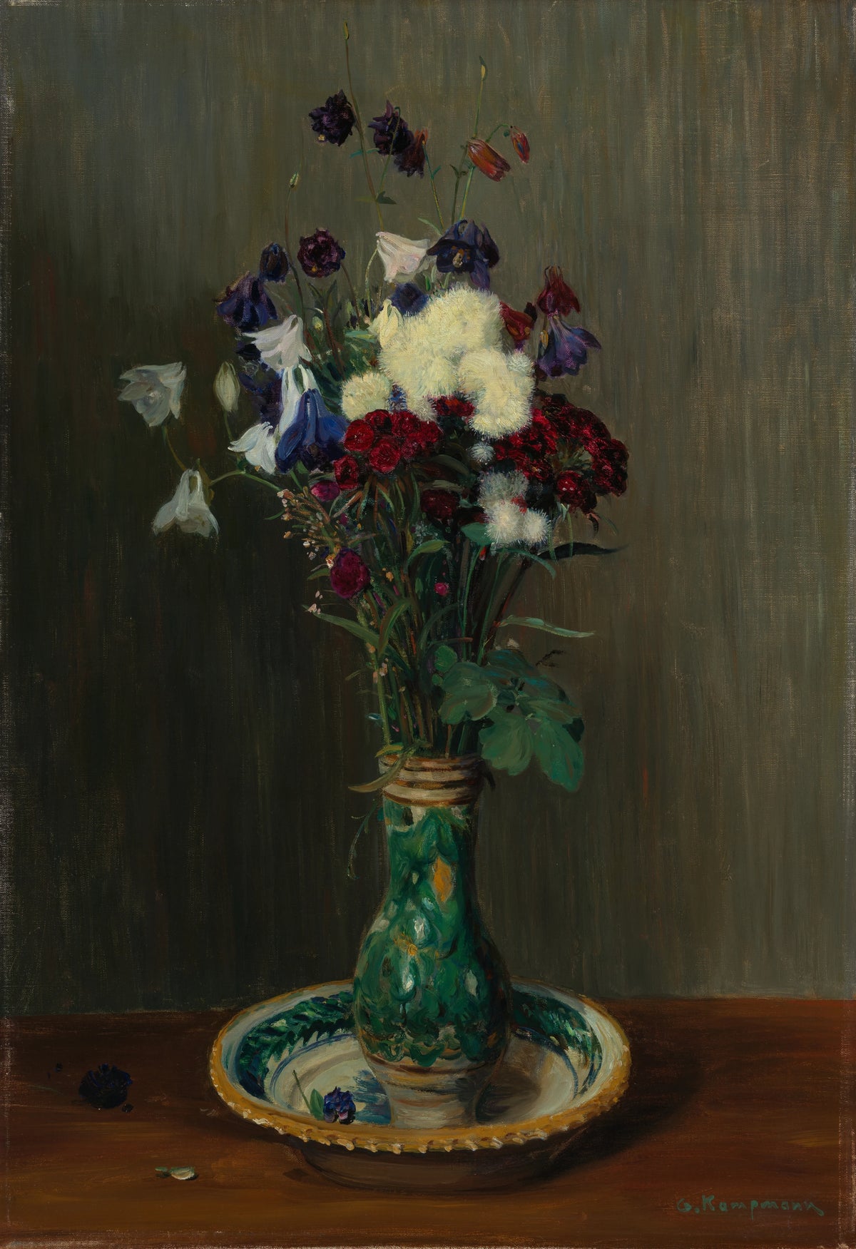 Gustav Kampmann - Akeleien und Nelken in grüner Vase (circa 1916)