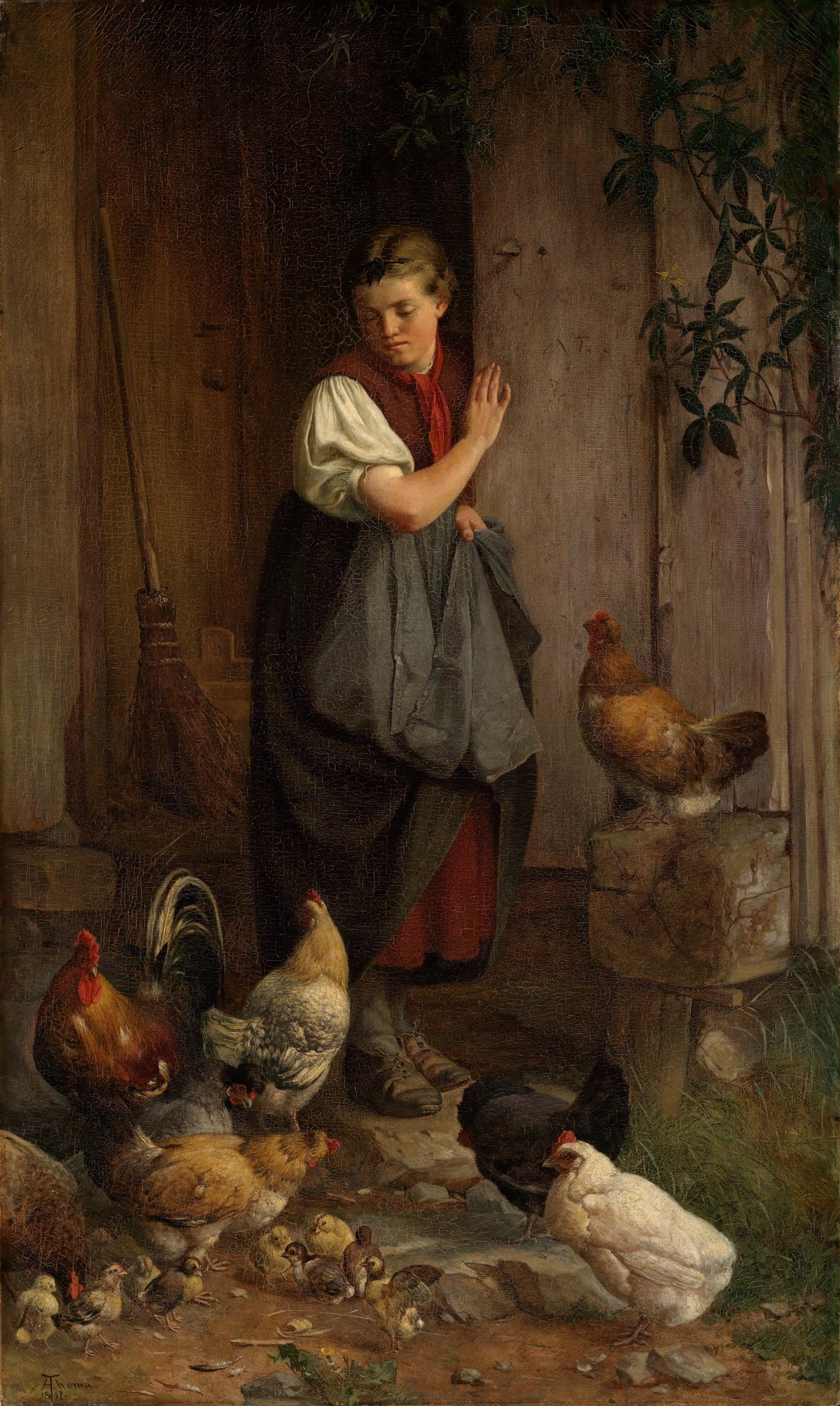 Hans Thoma - Feeding chickens (1867)