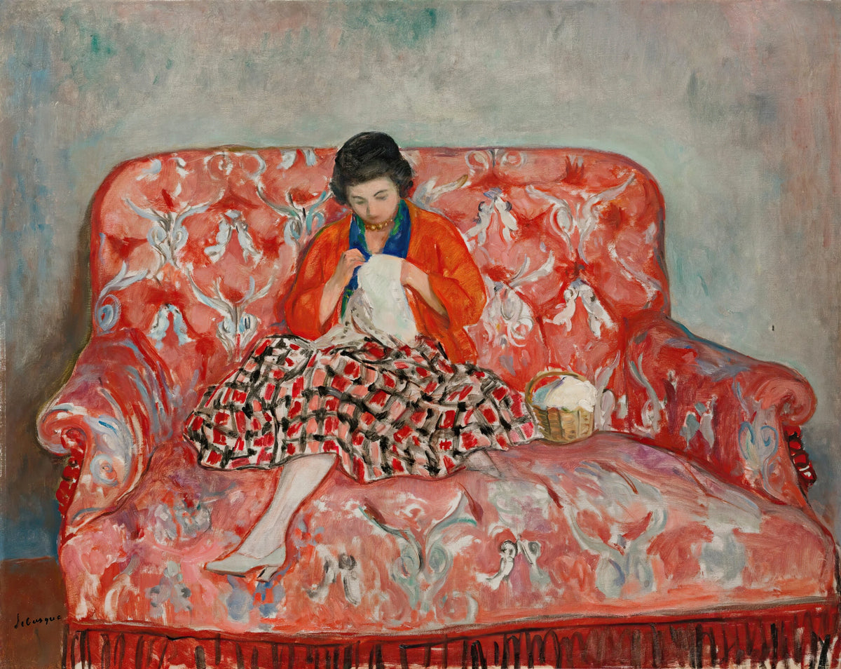 Henri Lebasque - Jeune Fille Cousant Sur Un Canapé (circa 1925)