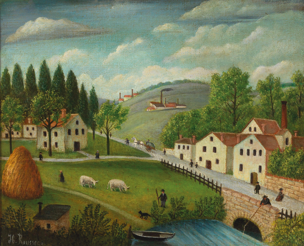 Henri Rousseau - Pastoral landscape with stream, fisherman and strollers (circa 1875-1880)