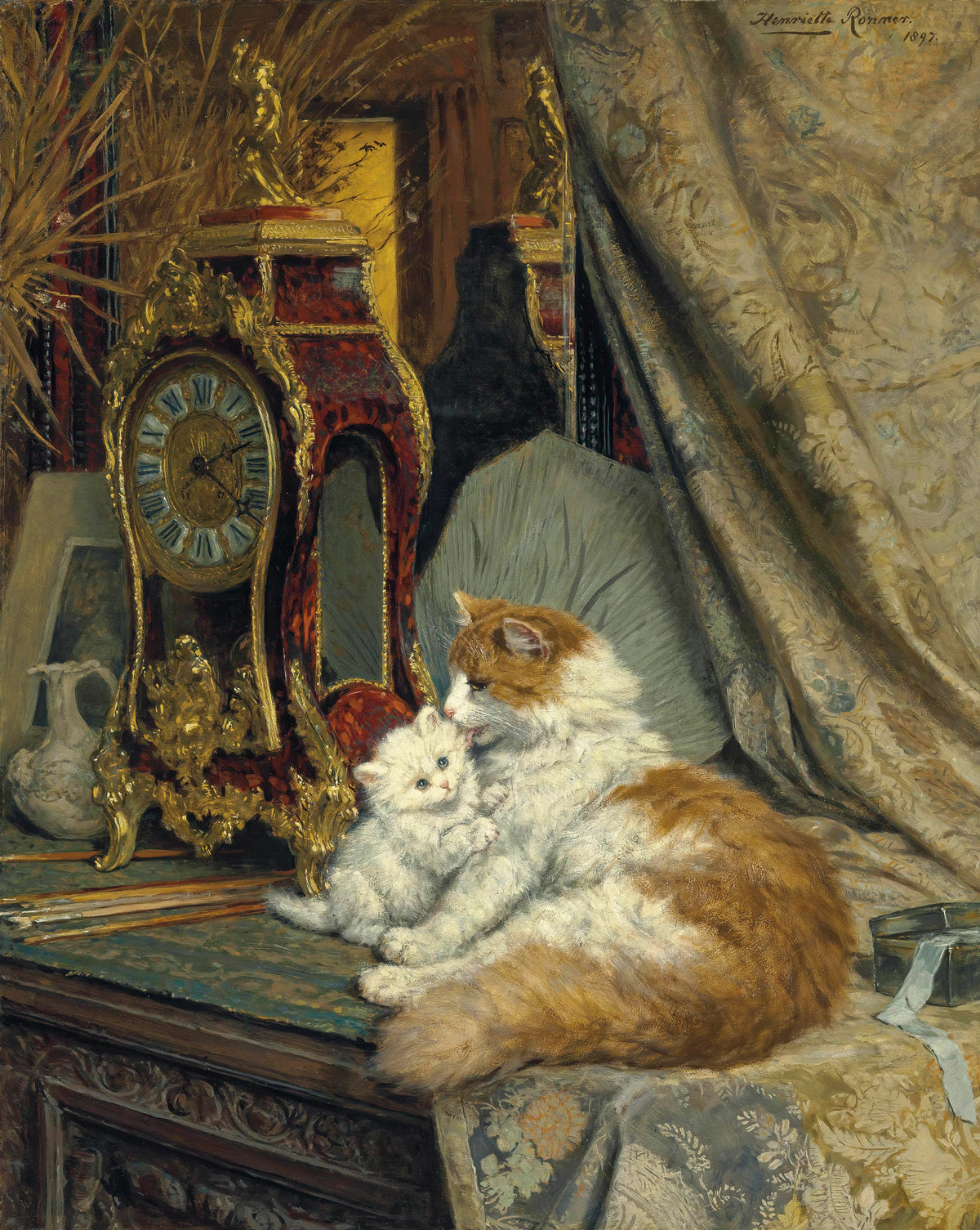 Henriëtte Ronner-Knip - A Mother Cat and her Kitten with a Bracket Clock (1897)