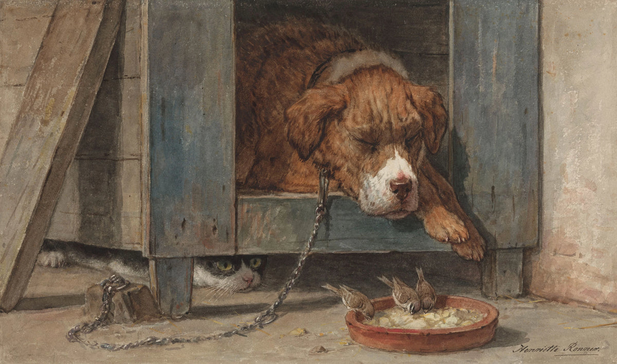 Henriëtte Ronner-Knip - Kat bespiedt vogels bij een slapende hond (1831-1909)
