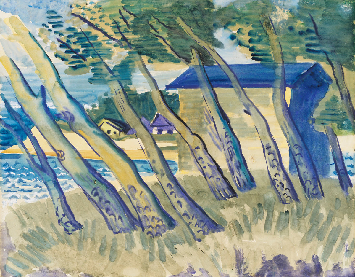 Hermann Max Pechstein - Lakeshore with Trees and Houses (1931)