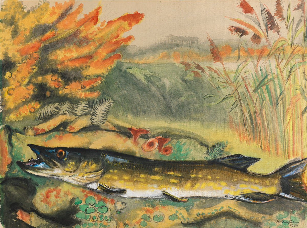 Hermann Max Pechstein - Pike in lakeside landscape (1936)