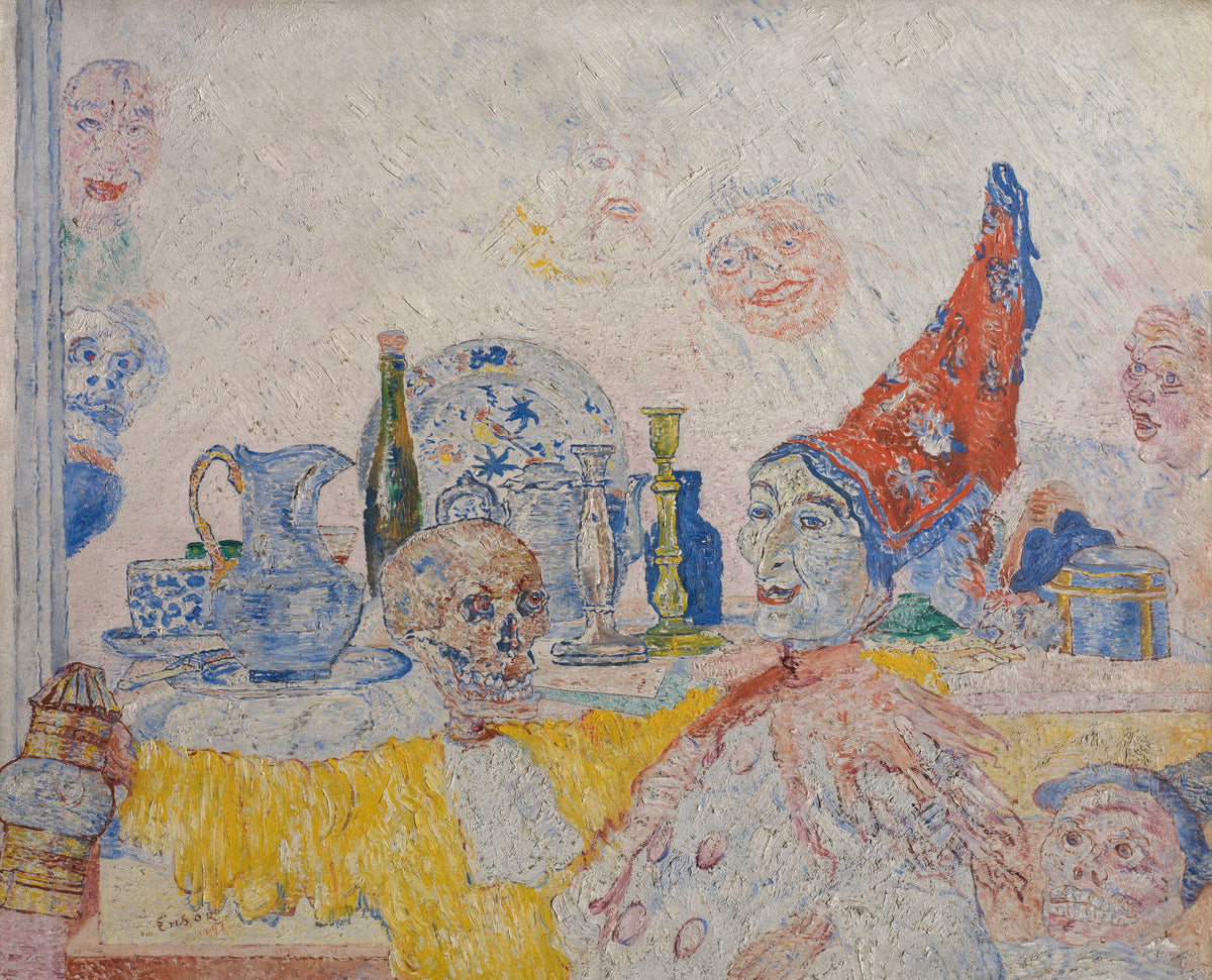 James Ensor - Pierrot and Skeleton in a Yellow Robe (1893)