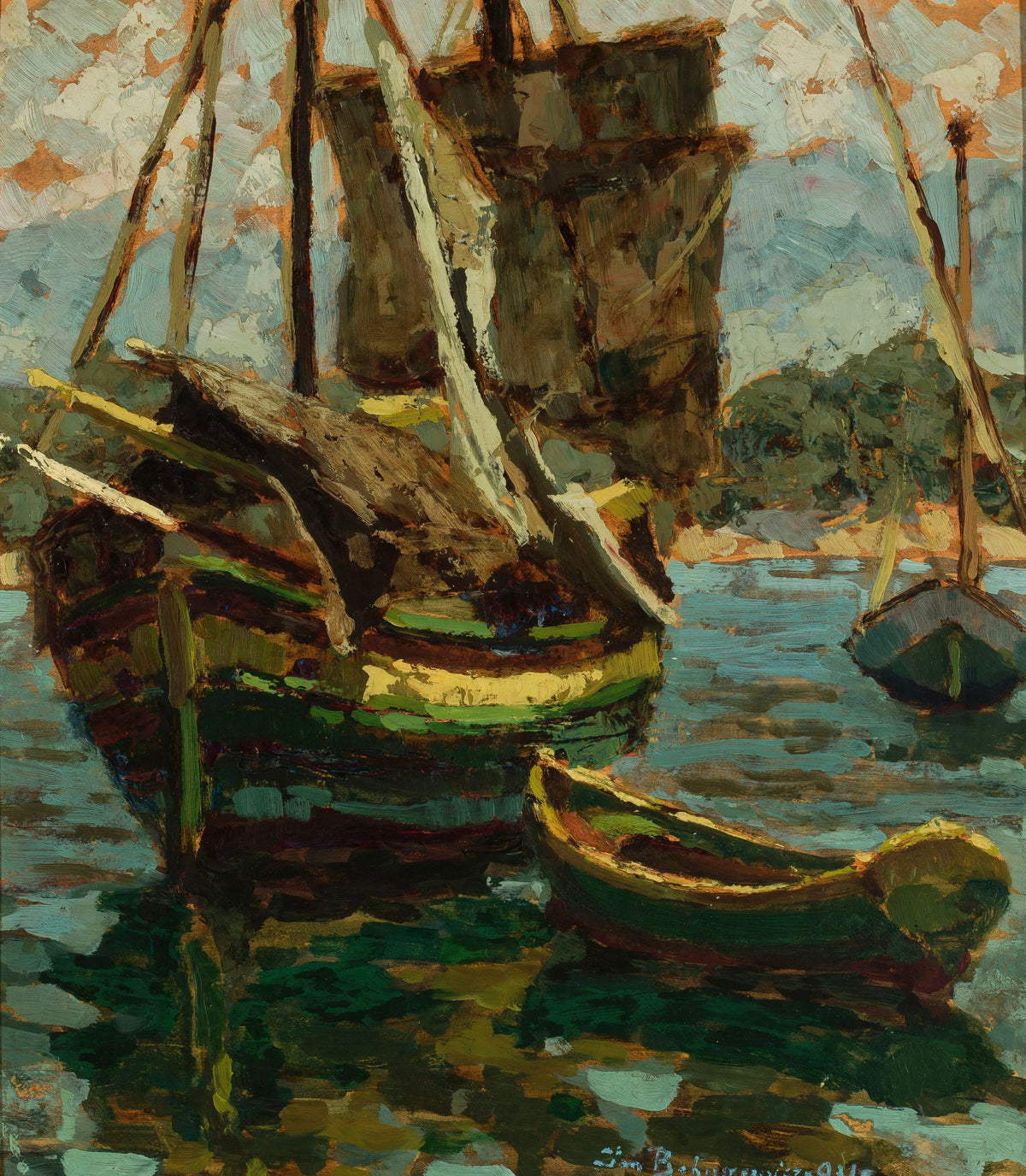 Jan Bohuszewicz - Old Brigantino and two boats (1931)