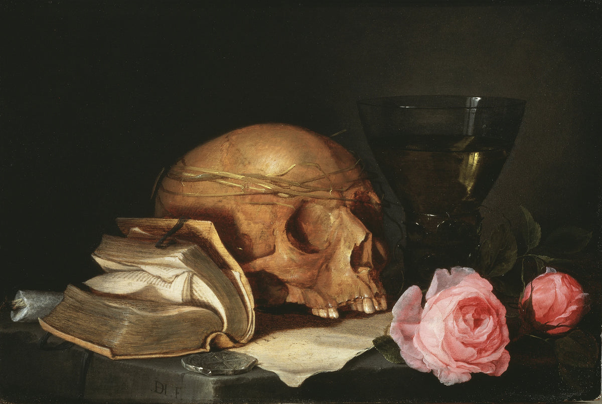 Jan Davidsz de Heem - A Vanitas Still-Life with a Skull, a Book and Roses (circa 1630)
