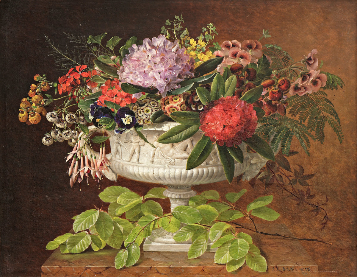 Johan Laurentz Jensen - Flowers in a centrepiece on a marble windowsill with a beech branch (1846)