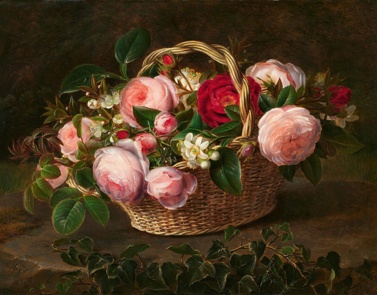 Johan Laurentz Jensen - Korb mit Rosen- und Apfelblüten (1851)