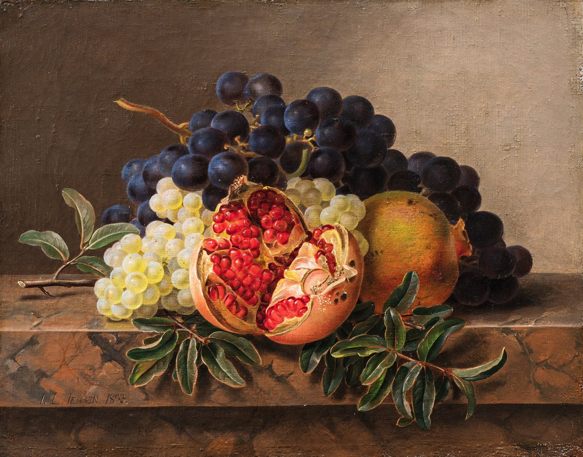 Johan Laurentz Jensen - Pomegranates and green and blue grapes on a marble frame (1833)