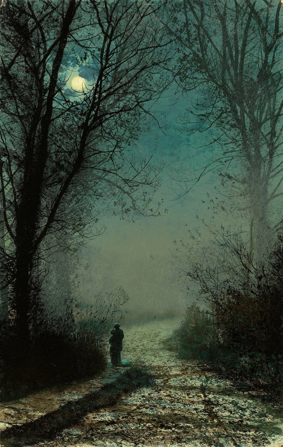 John Atkinson Grimshaw - Lovers on a moonlit lane (1873)