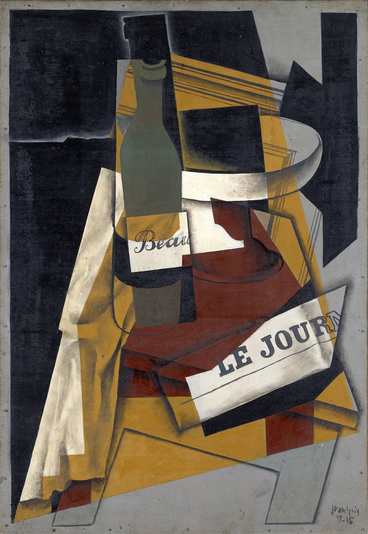 Juan Gris - Bottle and Fruit Dish (Bottle, newspaper and fruit bowl) (1916)