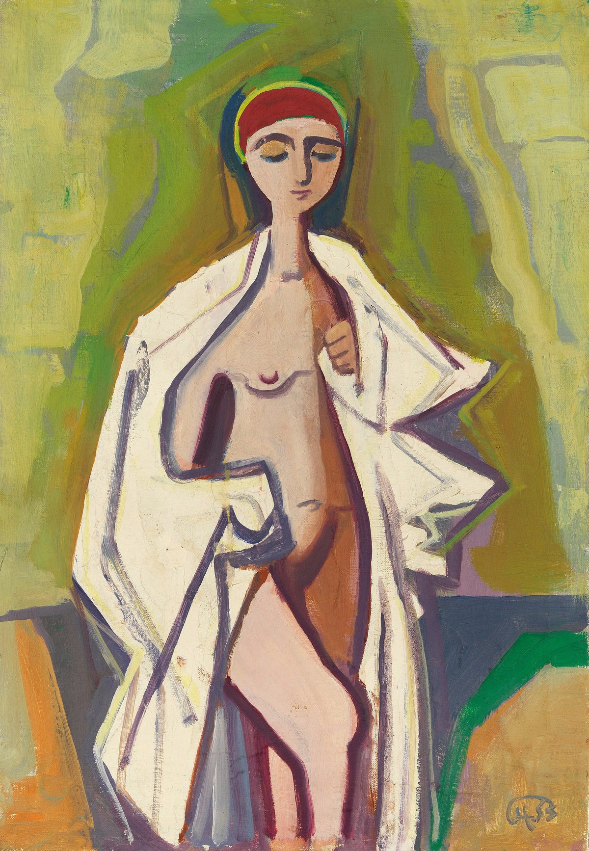 Karl Hofer - Standing female nude with bathing cap (1953)