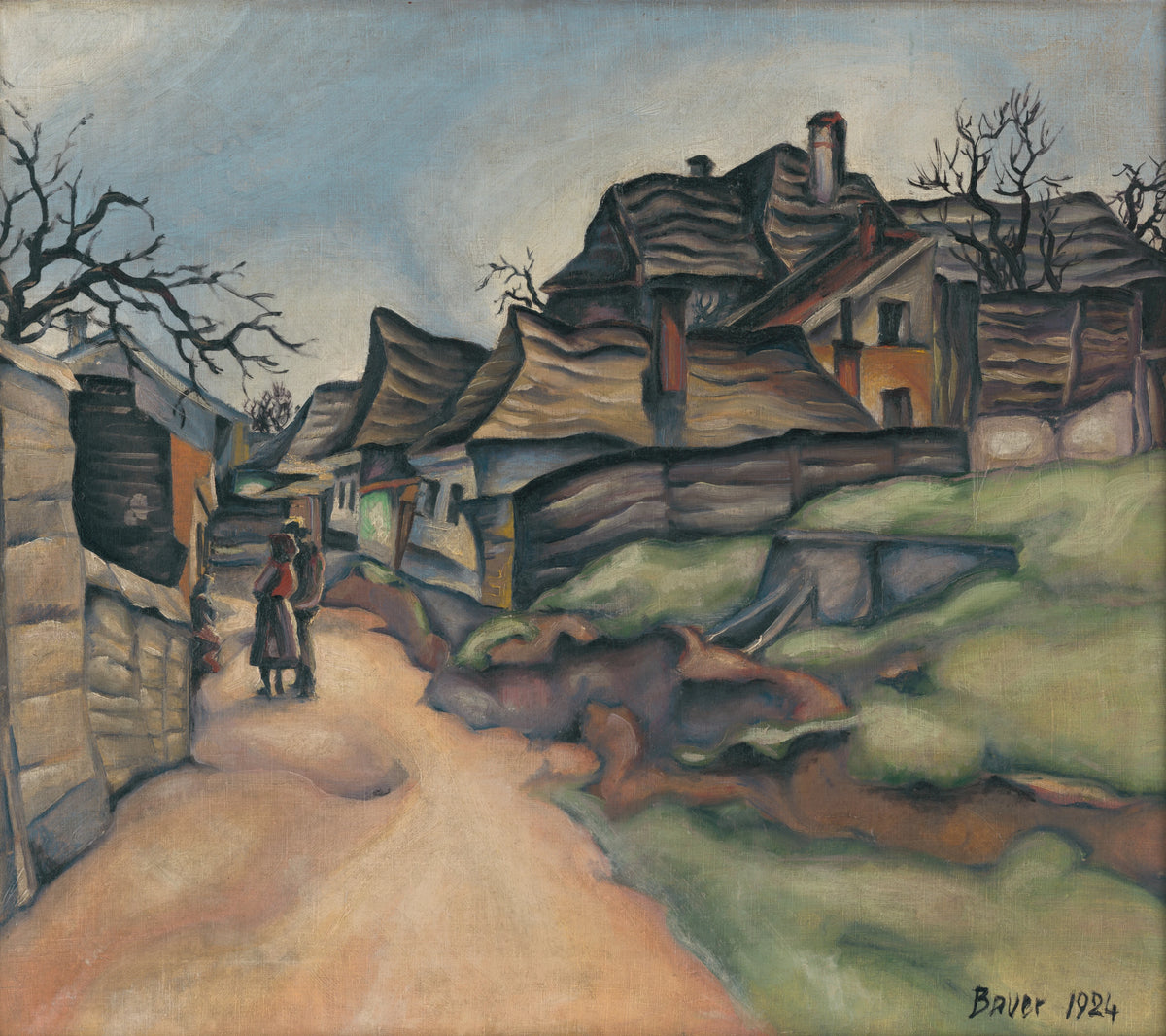 Konštantín Bauer - Domy na dedine s figurálnou štafážou (1924)