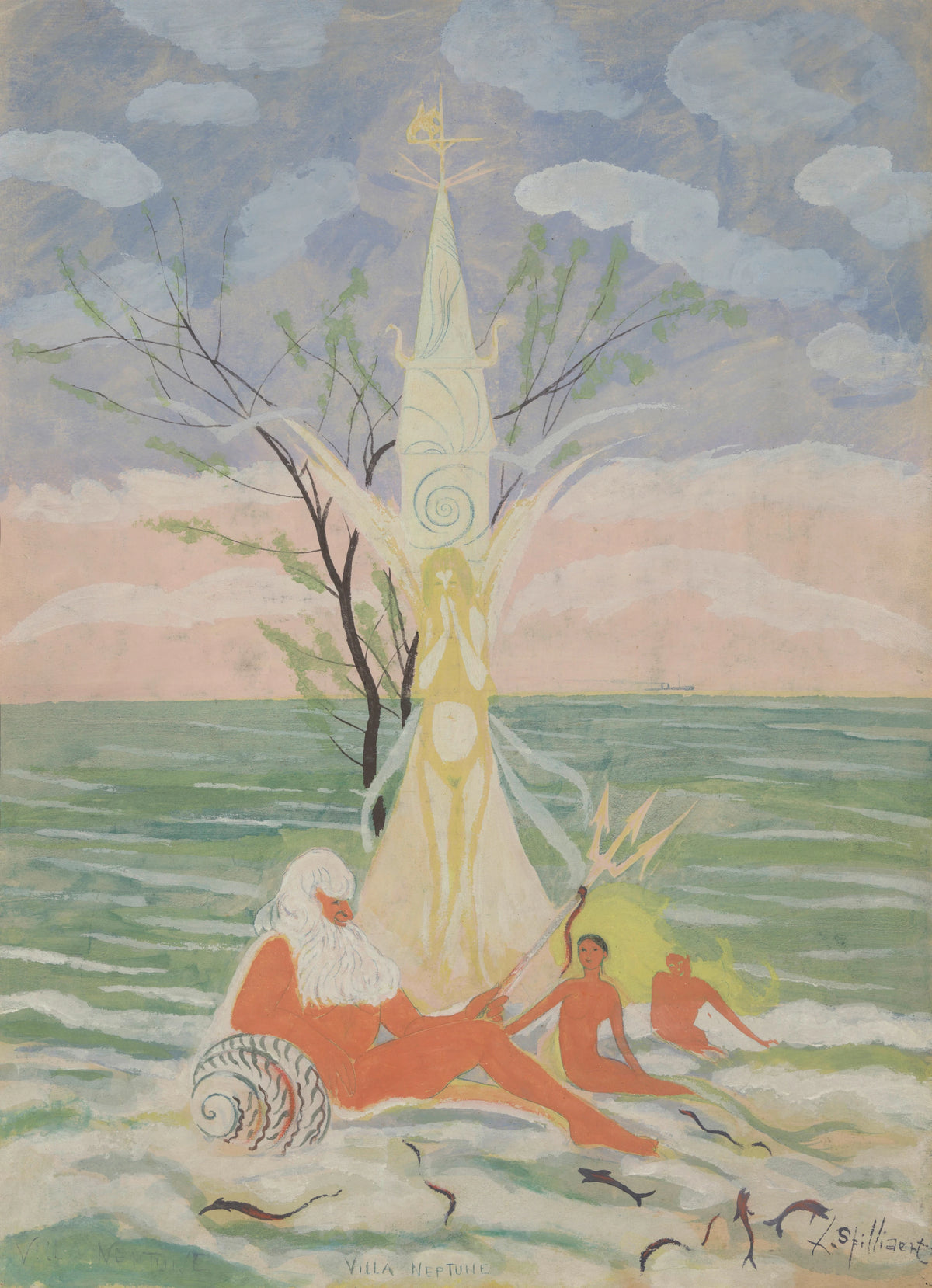 Léon Spilliaert - Neptunus, figuren en zee (1910)