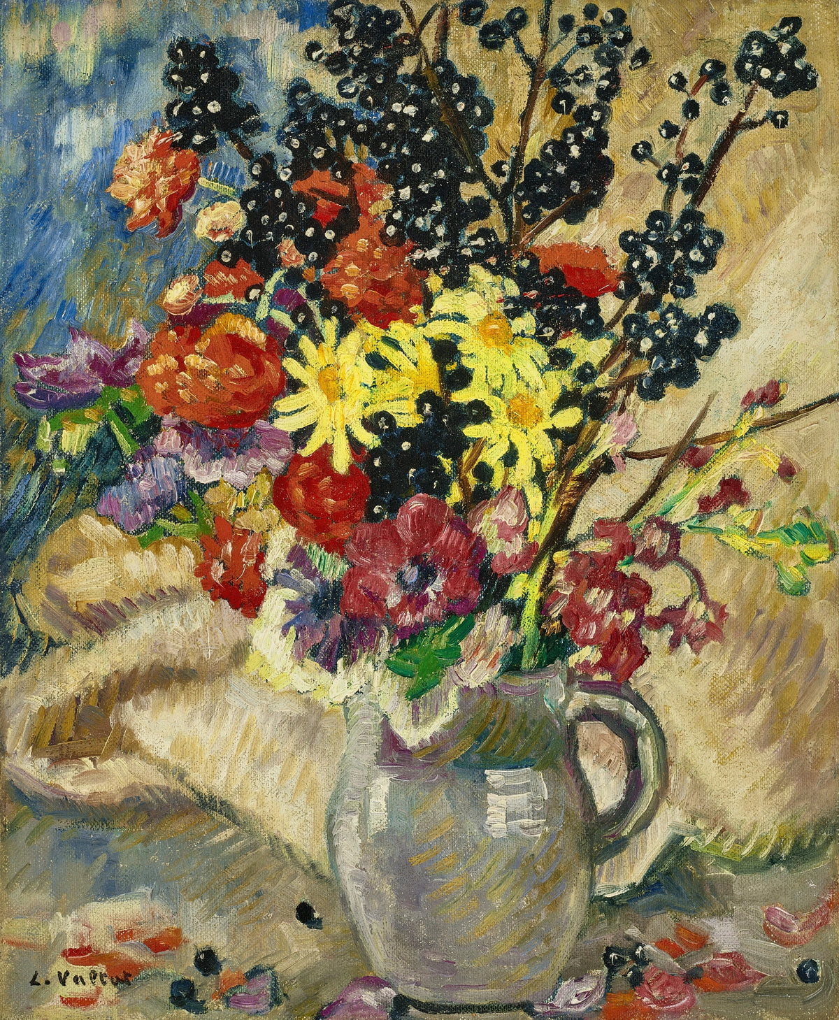 Louis Valtat - Bouquet aux branches de cassissier dans pichet brun (circa 1921)