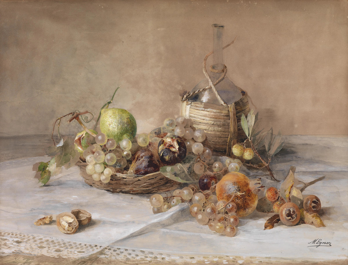 Marie Egner - Stilleben mit Obst und Chiantiflasche