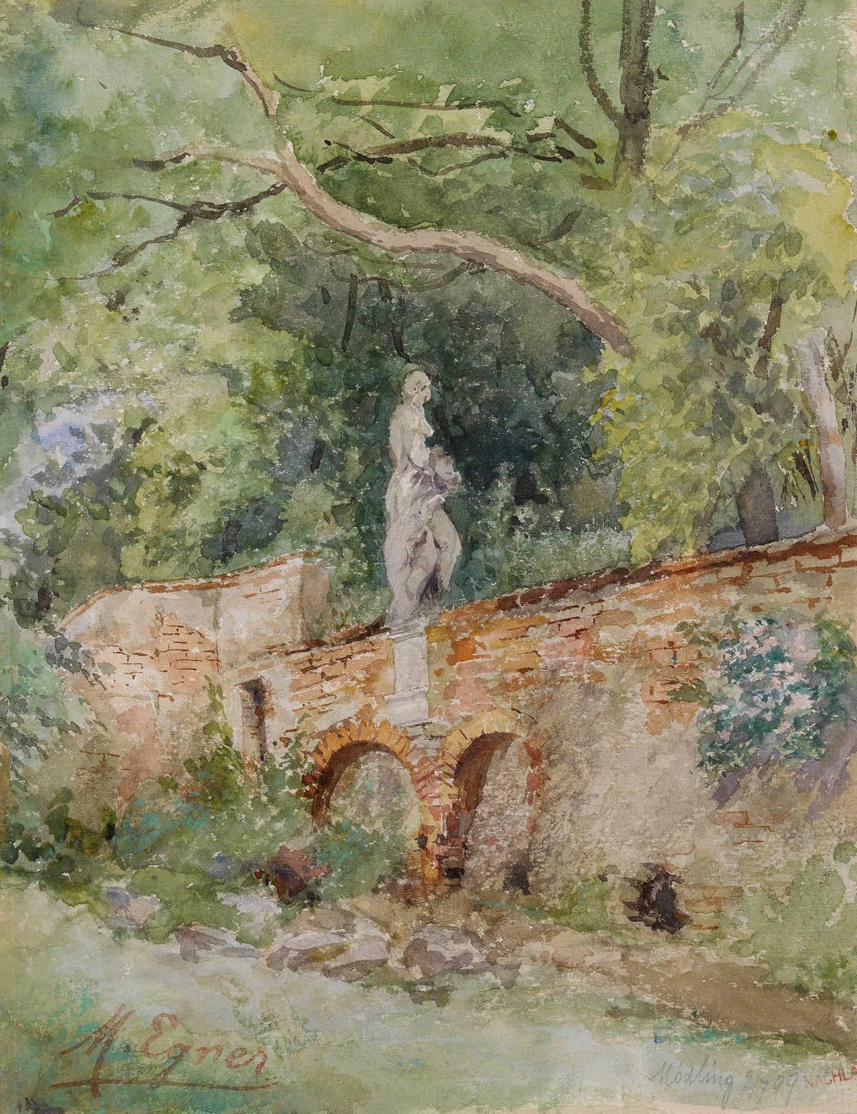 Marie Egner - Ziegelbrücke mit einer Steinfigur Mödling (1899)