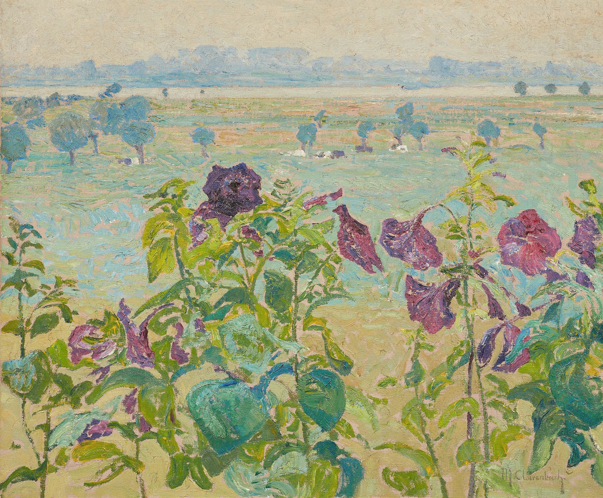 Max Clarenbach - Blüten (Stockrosen), Blick auf den Rhein bei Wittlaer