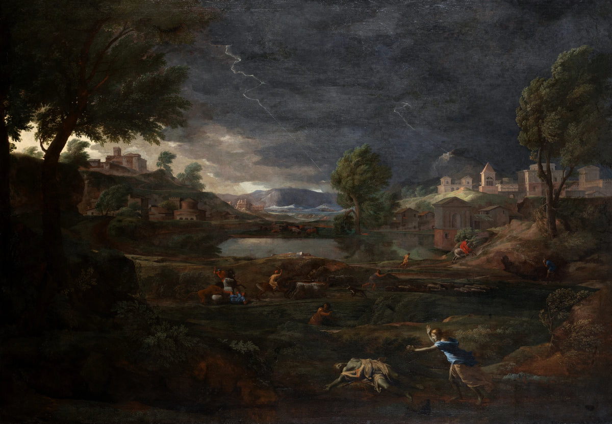 Nicolas Poussin - Landscape during a Thunderstorm with Pyramus and Thisbe (1651)