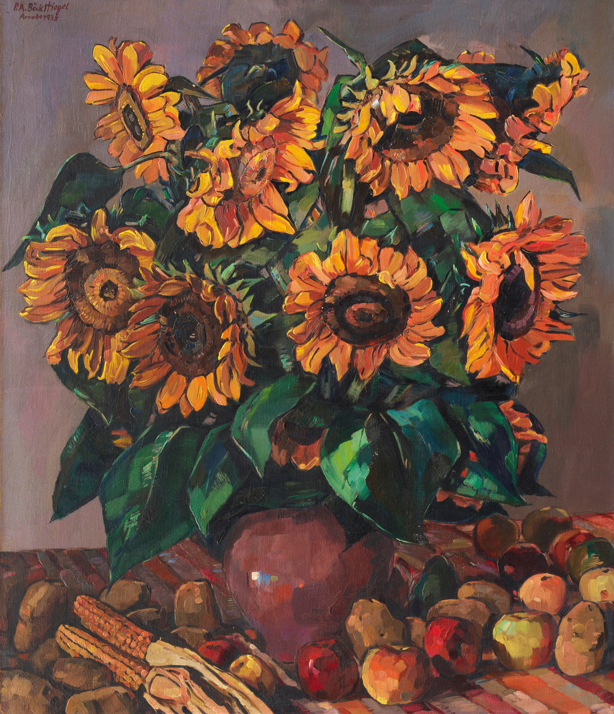 Peter August Böckstiegel - Sonnenblumen mit Äpfeln und Maiskolben (1938)